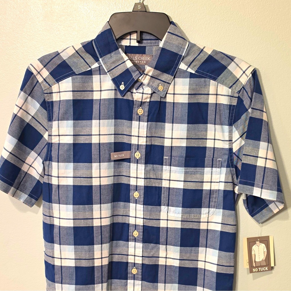 Falls Creek Men's Woven Cotton Blend Button-Up Plaid Pockets S Blue/White #210